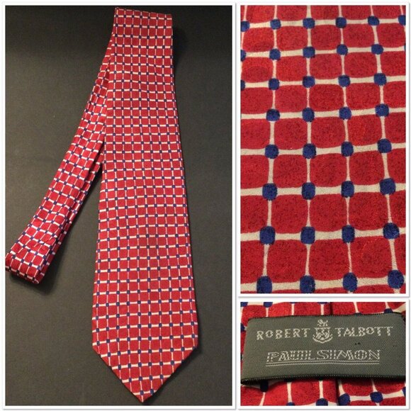 Robert Talbot Silk Tie Red Blue Square Check Geometric Print Preppy Academia - Picture 1 of 8